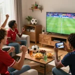 Football fans enjoying a live match on Okwintv in a cozy living room.