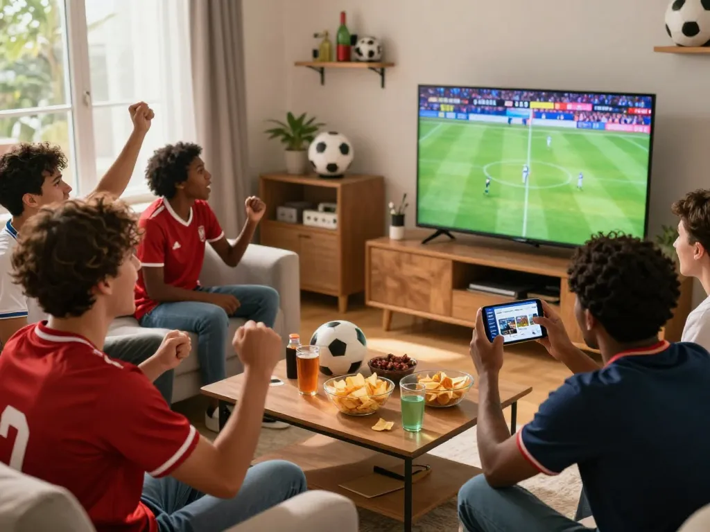 Football fans enjoying a live match on Okwintv in a cozy living room.