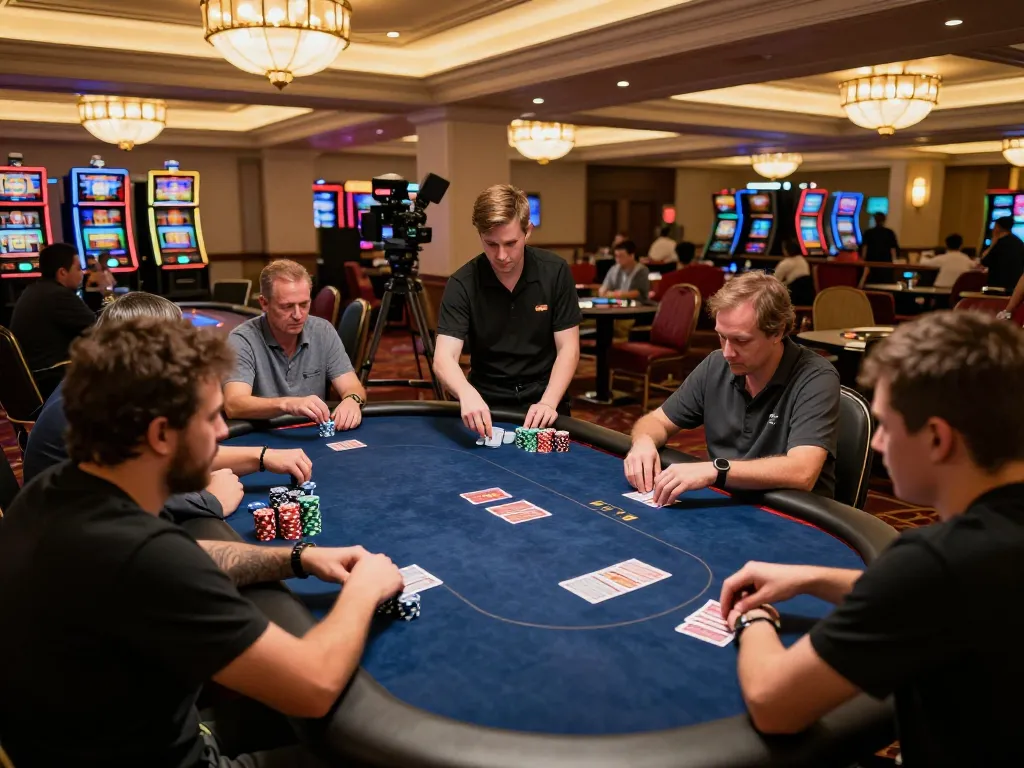 Engaging poker action in a lively casino atmosphere, showcasing kk44 gameplay intensity and strategy