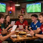 Tỷ lệ kèo nhà cái analyzed by friends in a lively pub during a football match.