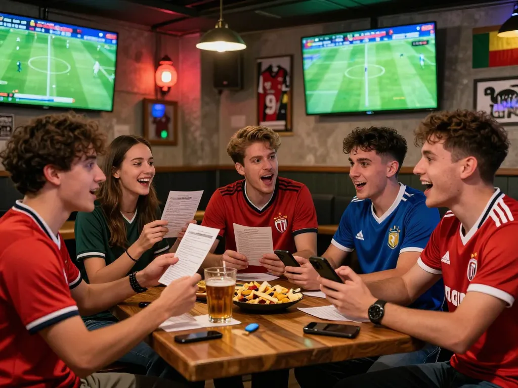 Tỷ lệ kèo nhà cái analyzed by friends in a lively pub during a football match.