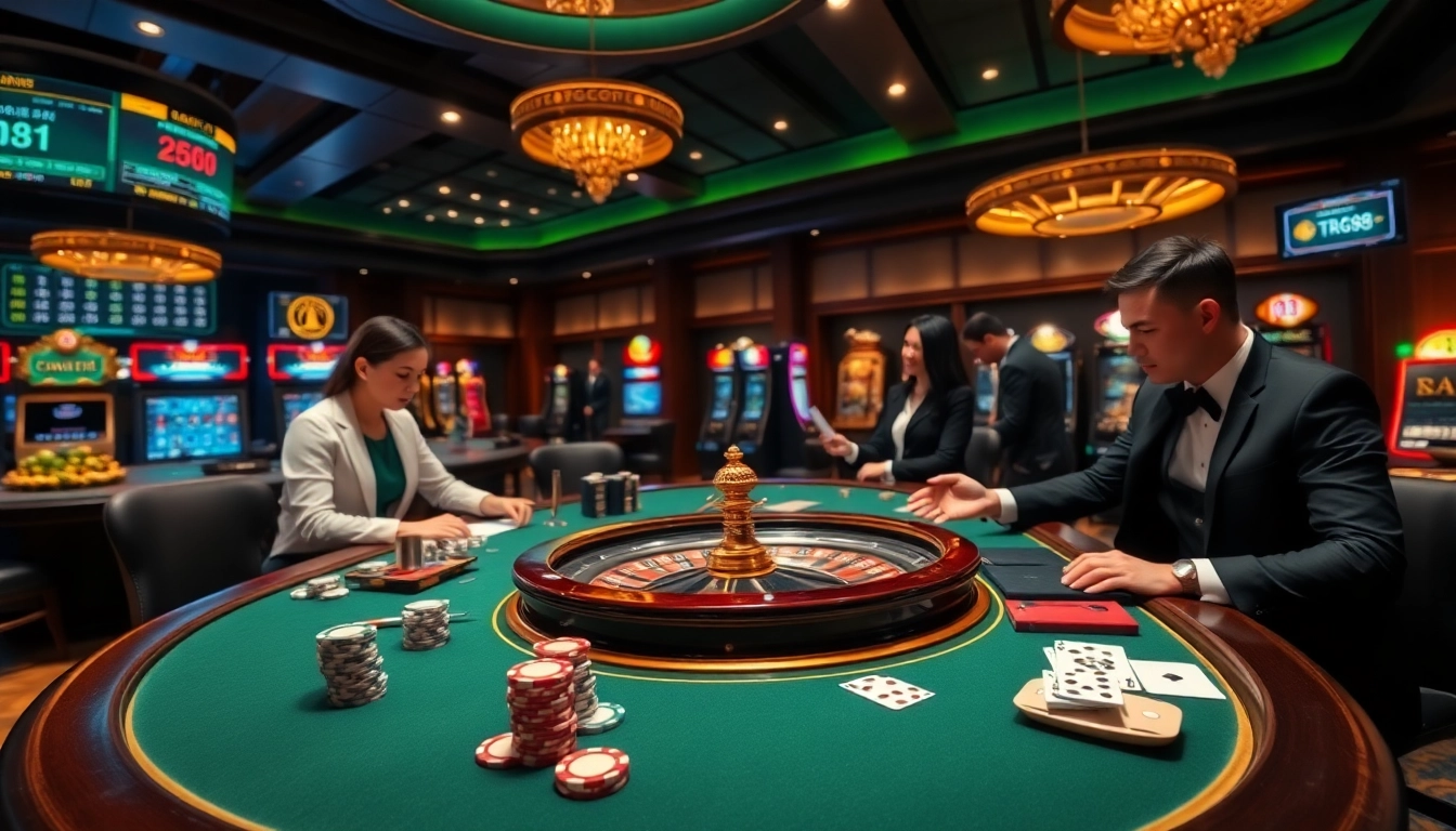 Engaging TR88 trang chủ casino scene with live dealers and vibrant gaming elements.