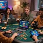 Engaging online atmosphere featuring diverse players enjoying nhà cái uy tín games on their devices with lively interactions.