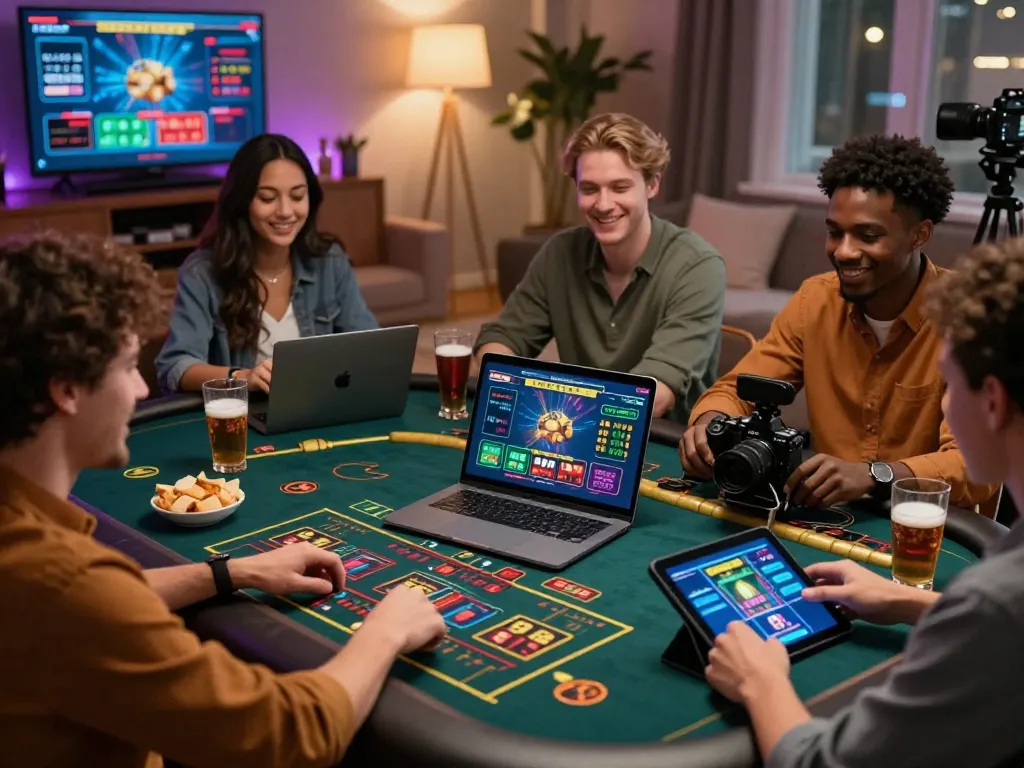 Engaging online atmosphere featuring diverse players enjoying nhà cái uy tín games on their devices with lively interactions.