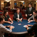 DA88 players strategizing at an exciting poker table in a luxurious casino
