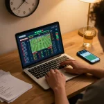 Tỷ lệ kèo nhà cái displayed prominently on a laptop screen during a strategic online sports betting session.