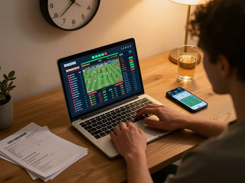 Tỷ lệ kèo nhà cái displayed prominently on a laptop screen during a strategic online sports betting session.