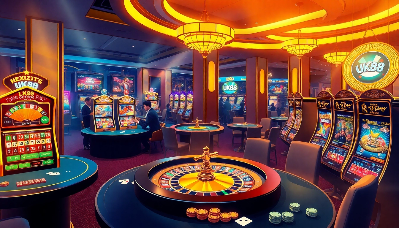 UK88 players enjoy an exciting atmosphere with vibrant casino tables, cards, and roulette wheels.
