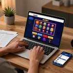 Player engaging with SHBET online casino interface on laptop, showcasing strategic gameplay.