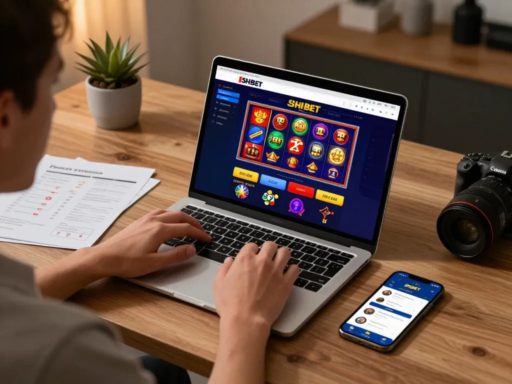 Player engaging with SHBET online casino interface on laptop, showcasing strategic gameplay.