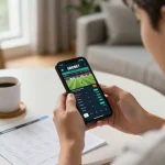 SBOBET app engagingly displayed on smartphone during a lively sports betting session at home.