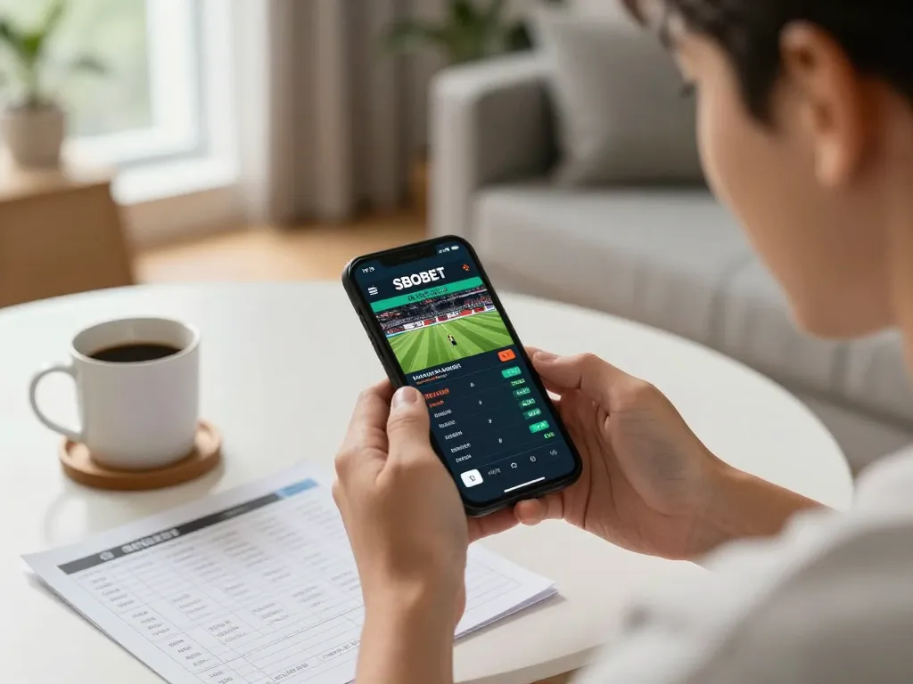 SBOBET app engagingly displayed on smartphone during a lively sports betting session at home.