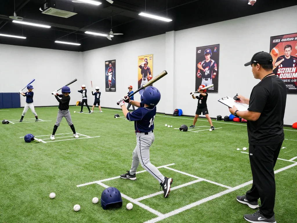 Hitclub baseball training scene with young athletes practicing hitting indoors, energetic atmosphere capturing sports dedication.