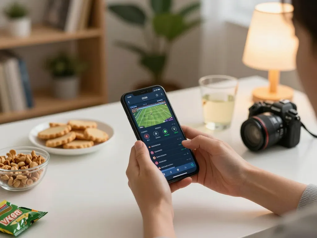 Engaging in live sports betting through VK88 on a smartphone while enjoying a cozy home setting.