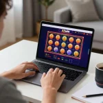 Engaged player interacting with 32win casino on laptop, showcasing online gambling experience.
