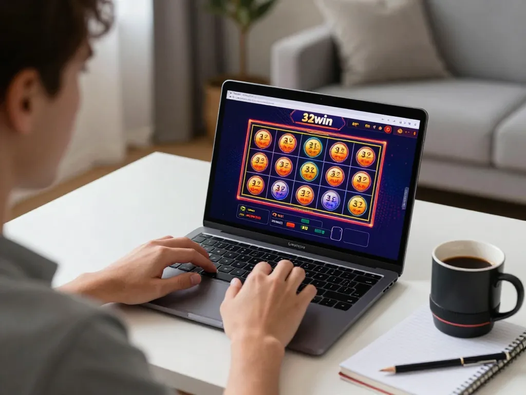 Engaged player interacting with 32win casino on laptop, showcasing online gambling experience.