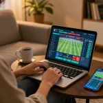 Engaged player betting on sports with 789club on laptop in a cozy home setting