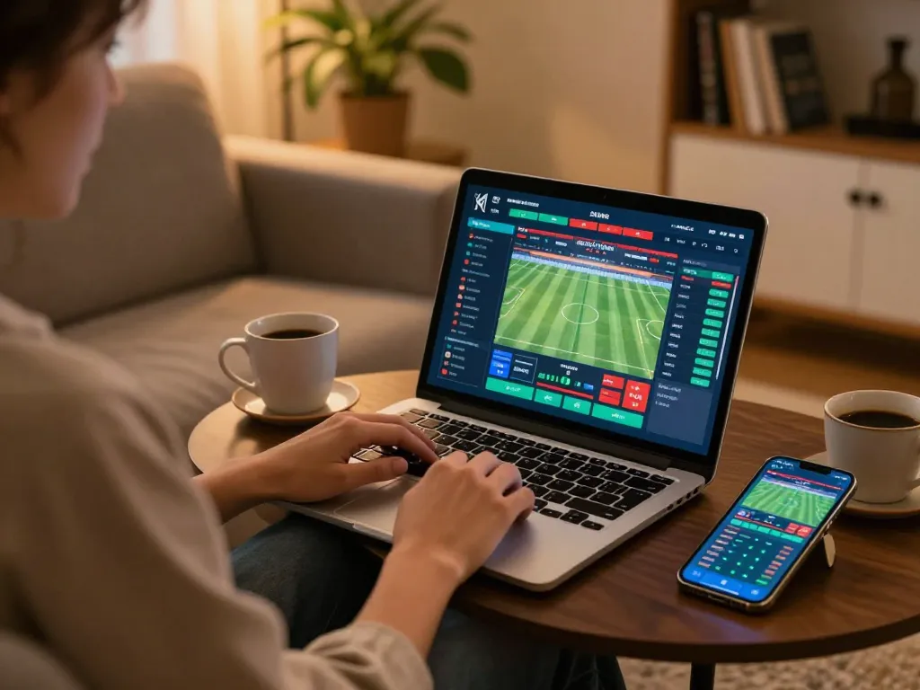 Engaged player betting on sports with 789club on laptop in a cozy home setting