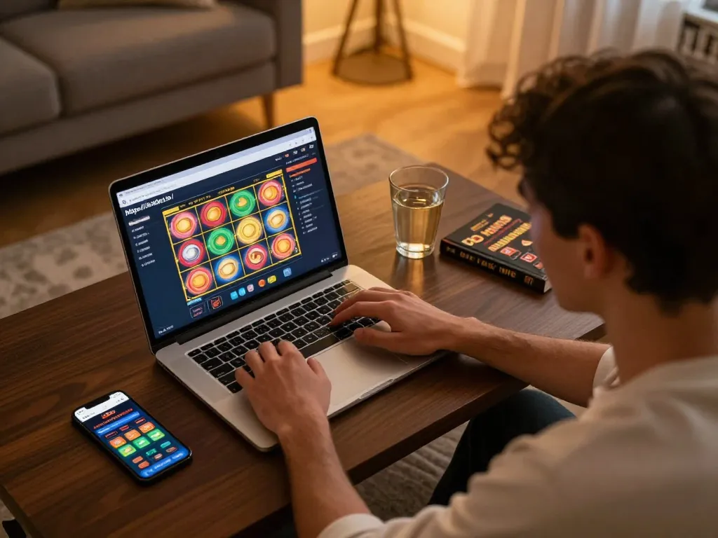 Gamer using laptop at home to engage with online casino at https://sshbet.io/ with vibrant slot interface visible