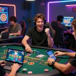 Engaged players enjoying 789club online casino games on laptops, celebrating wins with vibrant visuals.