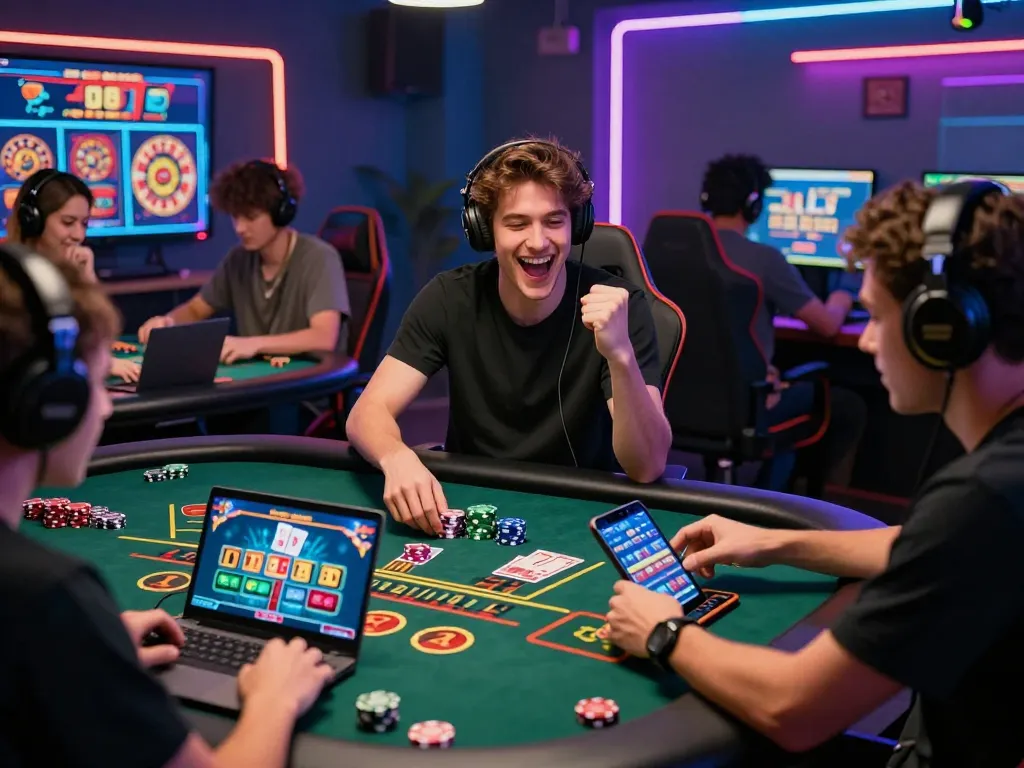 Engaged players enjoying 789club online casino games on laptops, celebrating wins with vibrant visuals.