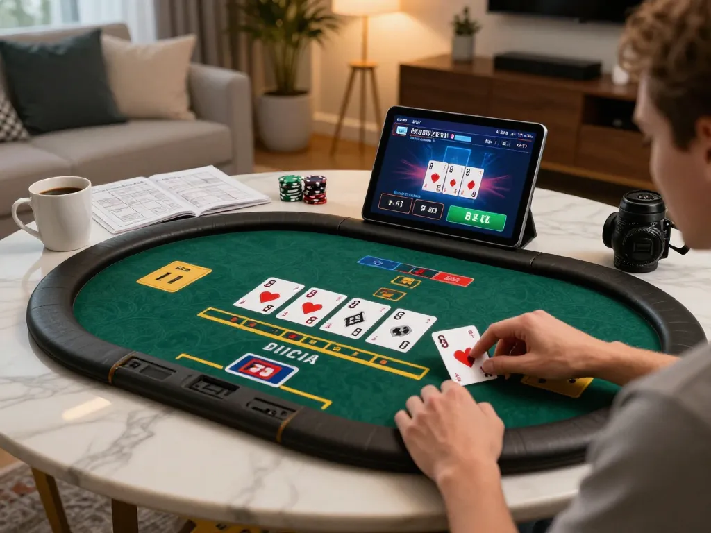 sunwin players enjoying an online blackjack game on a tablet in a cozy home setting