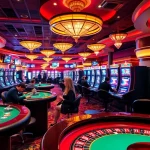 Excited players enjoy games at 23win's luxurious casino with vibrant tables and spinning roulette wheels.