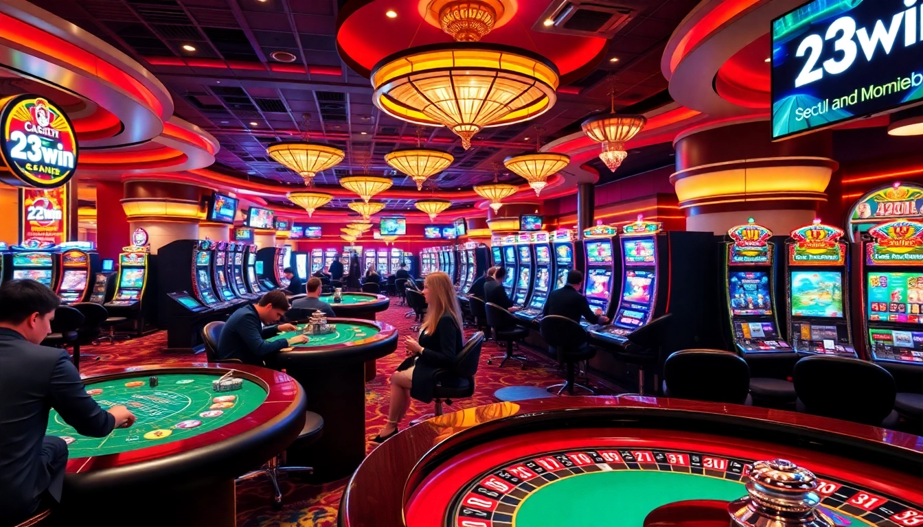 Excited players enjoy games at 23win's luxurious casino with vibrant tables and spinning roulette wheels.
