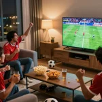 Fans enjoying a live soccer match on Okwintv in a cozy living room with snacks and drinks.