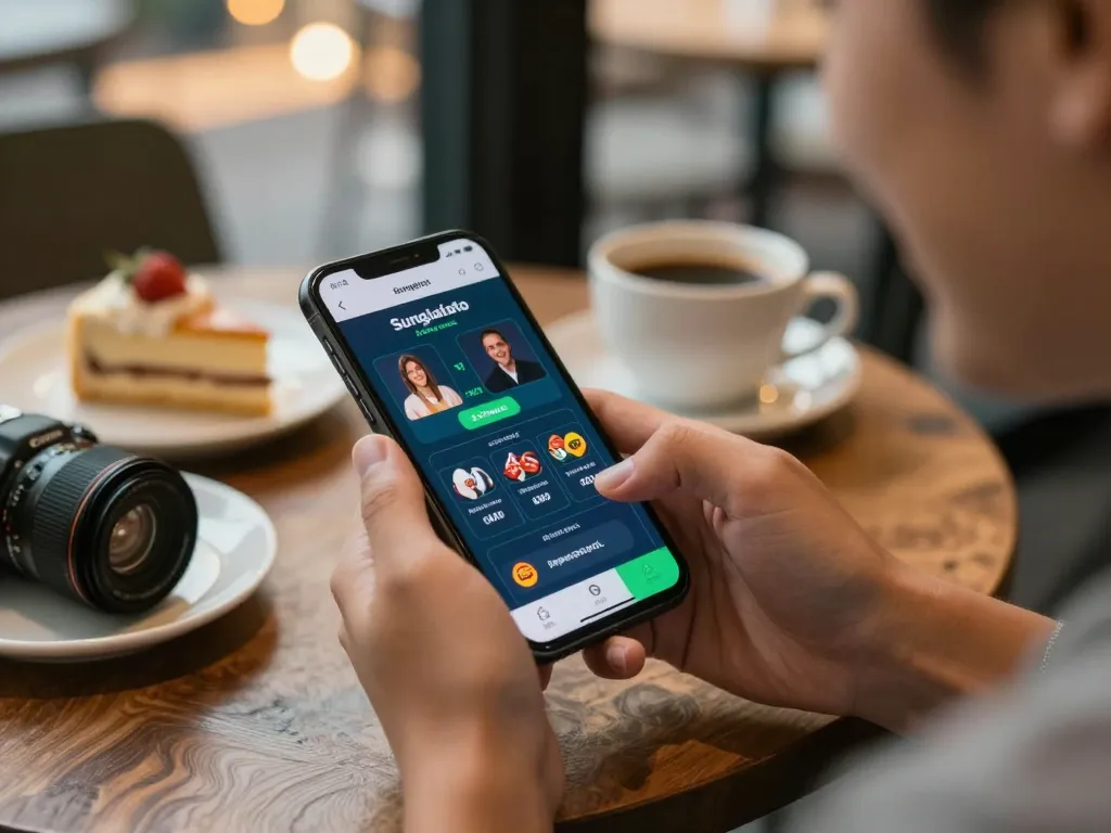 Enjoying mobile gaming on the link sungaitoto app while betting responsibly at a cozy cafe.