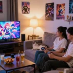 Couple enjoying a porn game together on a cozy couch with snacks.