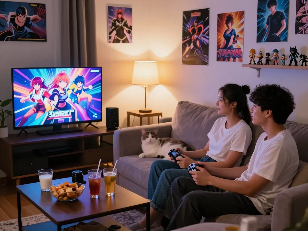 Couple enjoying a porn game together on a cozy couch with snacks.