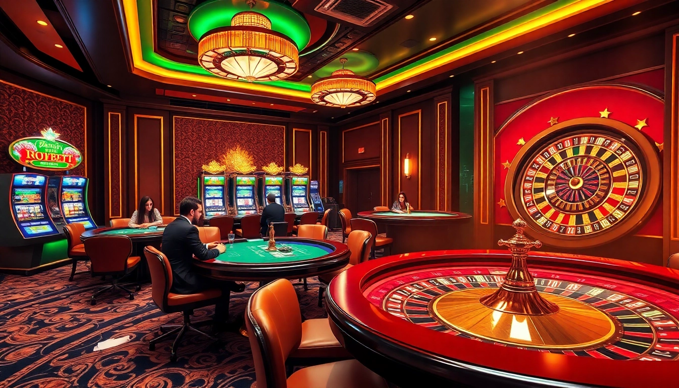 Experience the excitement of i9bet with a luxurious casino scene featuring vibrant tables and slot machines.