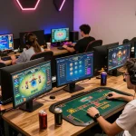 Engaged players enjoying tài xỉu online in a vibrant gaming environment, showcasing excitement and modern setups.