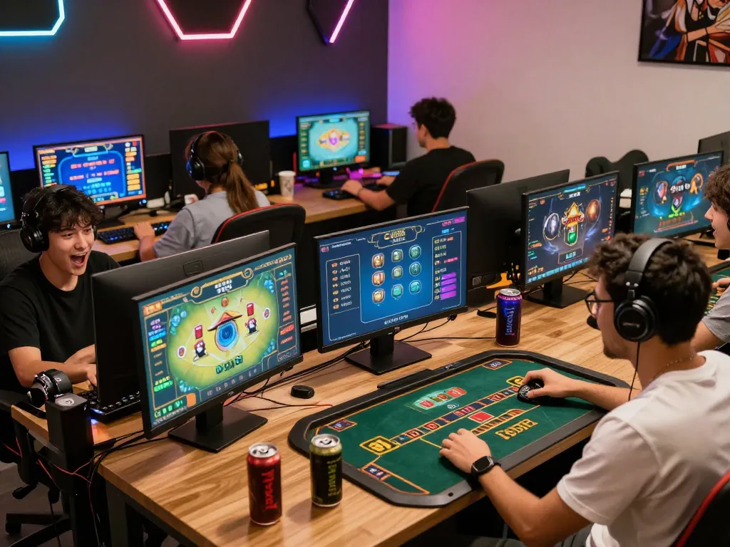 Engaged players enjoying tài xỉu online in a vibrant gaming environment, showcasing excitement and modern setups.