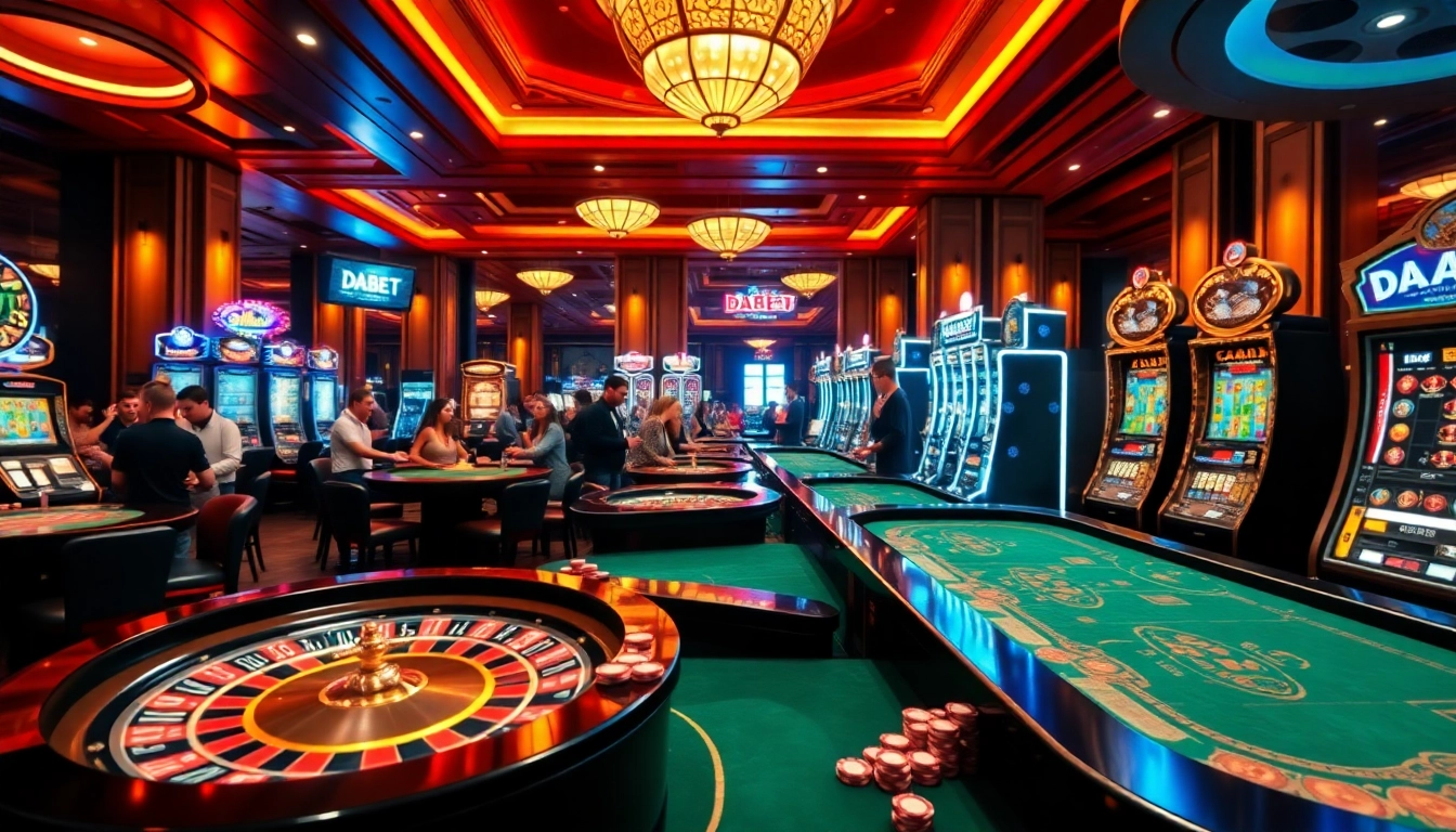 DABET casino scene showcasing vibrant atmosphere with poker tables and slot machines