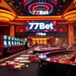 77Bet players engaging at a poker table with vibrant chips and illuminated slot machines