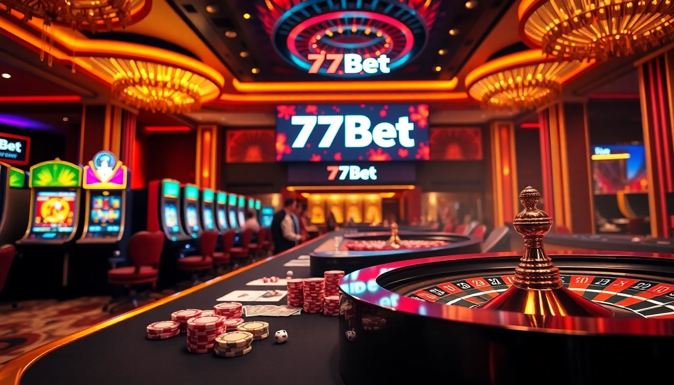 77Bet players engaging at a poker table with vibrant chips and illuminated slot machines
