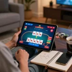 Engaging in online gaming with the 12bet link on a tablet at home, showcasing poker gameplay.