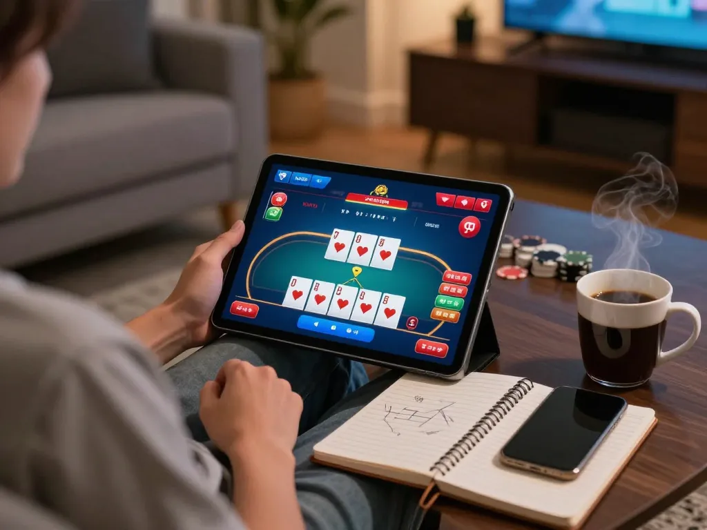 Engaging in online gaming with the 12bet link on a tablet at home, showcasing poker gameplay.