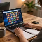 Engaging in a Net88 online casino game with strategies noted in a relaxed home setting