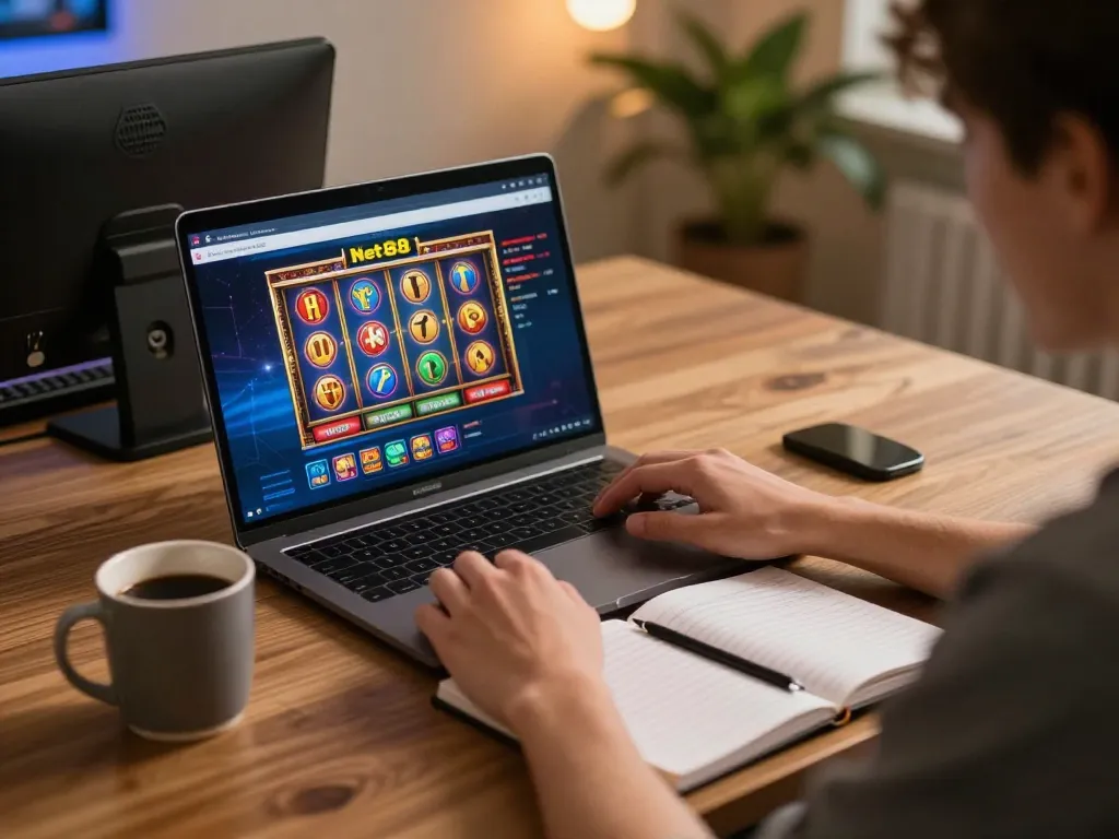 Engaging in a Net88 online casino game with strategies noted in a relaxed home setting
