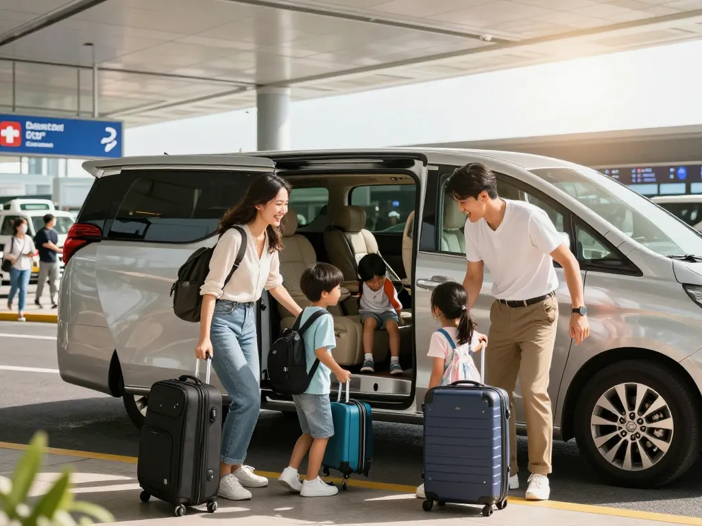 A family loading luggage into a minivan for their airport transfer, showcasing the convenience of spacious vehicle options.