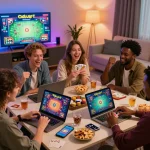 Friends celebrating a win on Rikvip while gaming online together in a cozy living room.