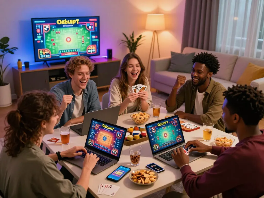 Friends celebrating a win on Rikvip while gaming online together in a cozy living room.