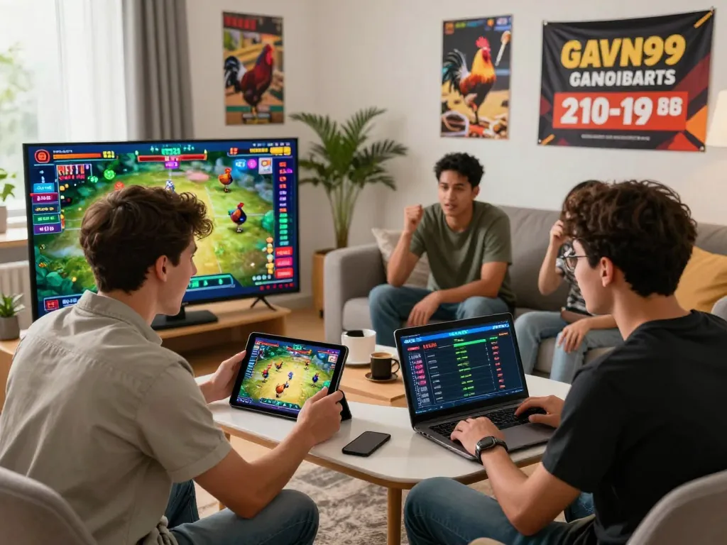 Engaging players enjoying the thrill of online betting at https://www.gavn99.app/, showcasing a vibrant game scene with digital devices.
