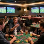 Bet168 sports betting enthusiasts engaged in live betting strategies, surrounded by dynamic screens, highlighting excitement.