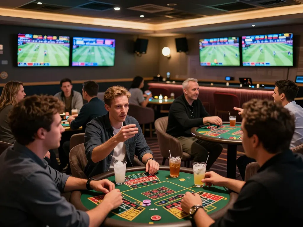 Bet168 sports betting enthusiasts engaged in live betting strategies, surrounded by dynamic screens, highlighting excitement.