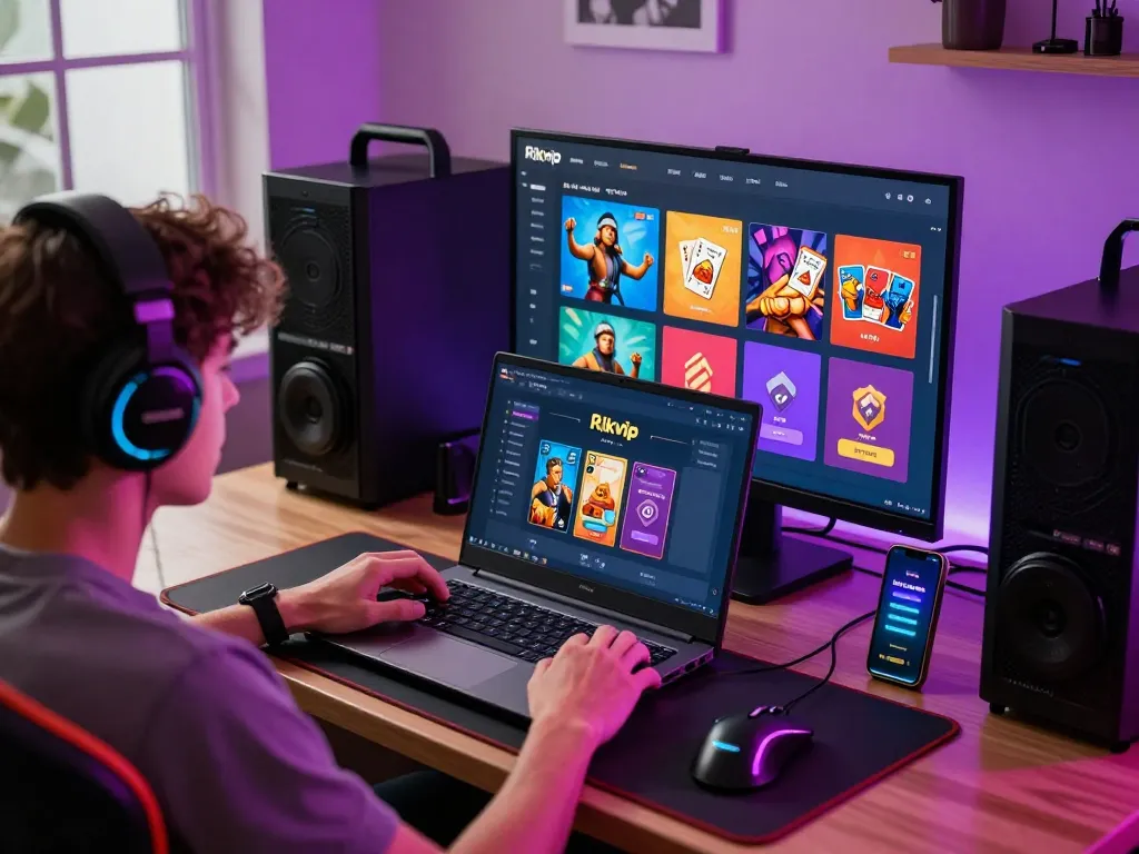 Engaged player experiencing rik vip gaming platform with vibrant visuals and modern setup