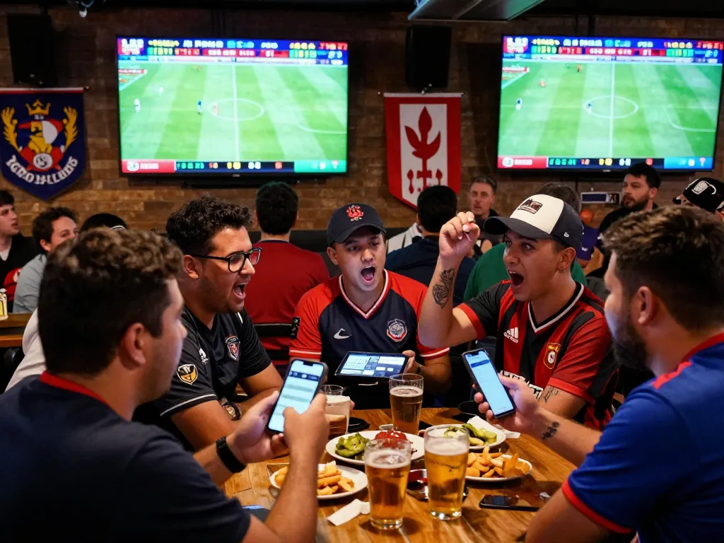 Engaged bettors reviewing kèo nhà cái in a lively sports bar during a football match.